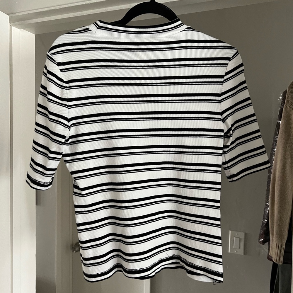 Maeve Mock Neck Top in Black and White Stripes - Picture 2 of 5